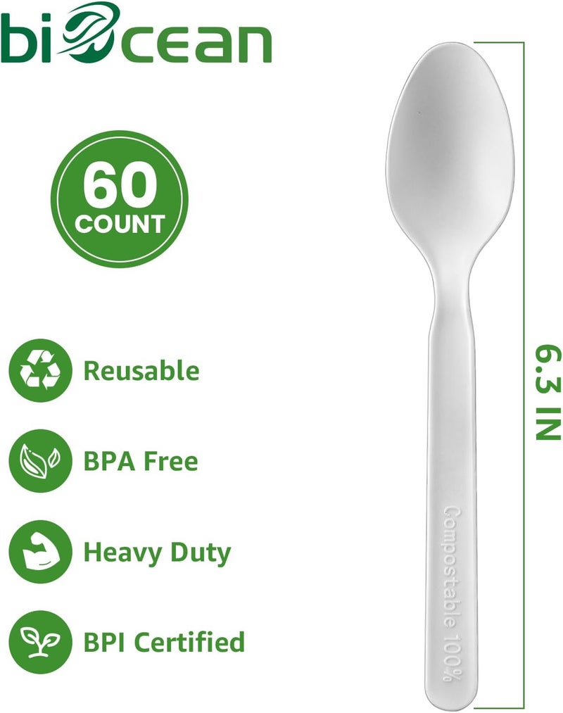biocean 100% Compostable Spoons 60 Count Disposable Soup Spoons Heavy Duty Utensils Disposable Silverware Eco Friendly Flatware for Party Camping Picnics Wedding-Ivory White - Image 2